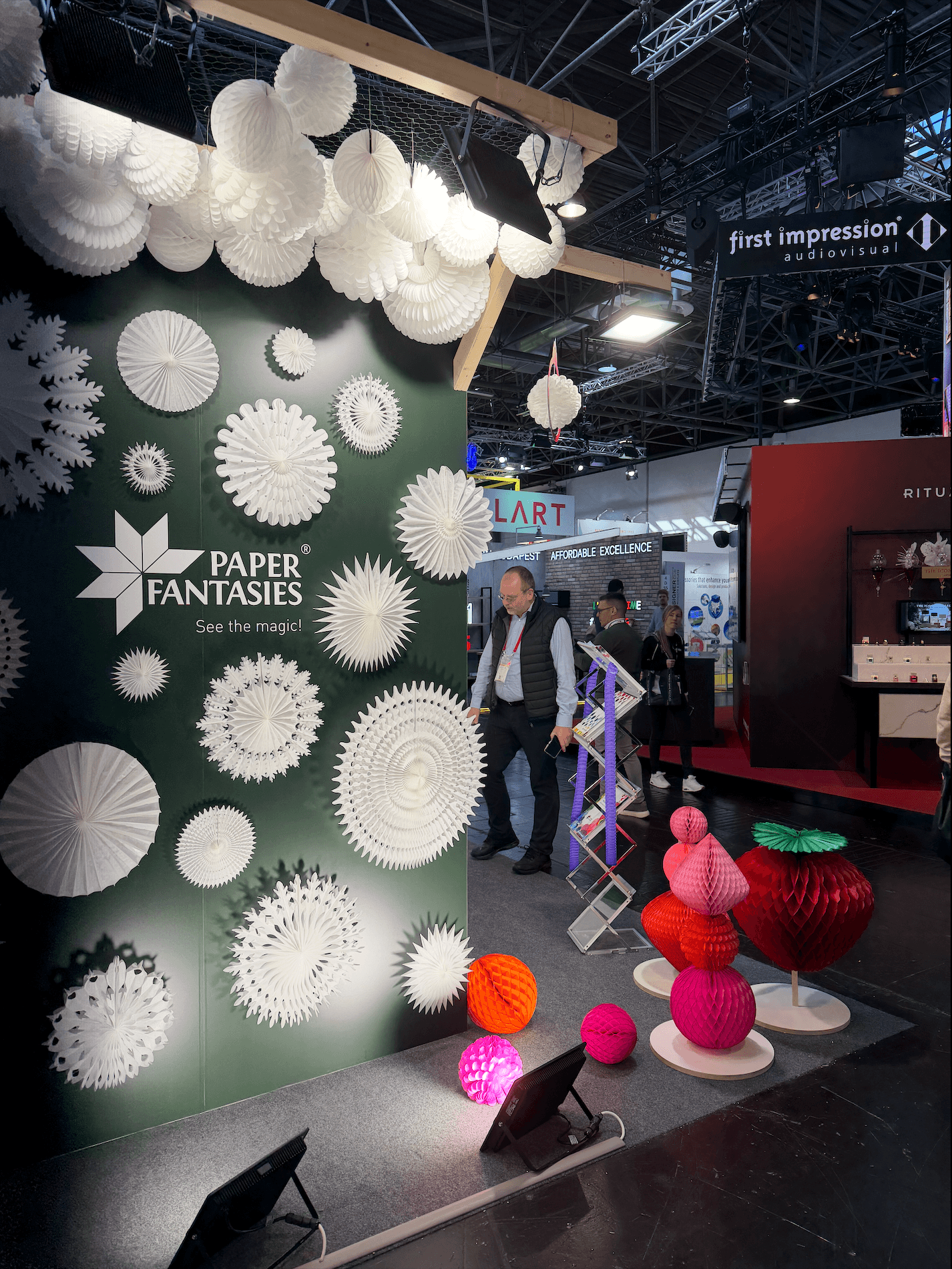 Paper Fantasies 3D honeycomb decorations on display at EuroShop